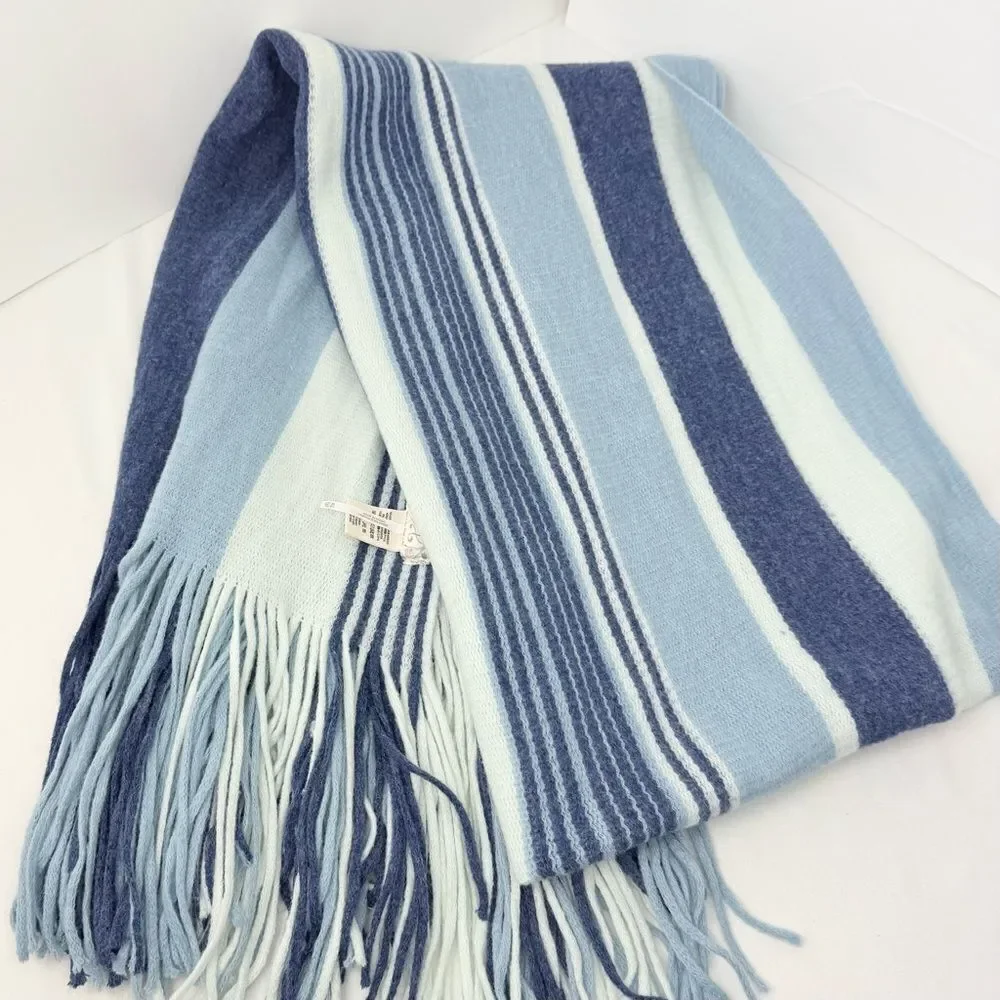 Free People Color Block Blue Stripe Oversized Fringed Edge Scarf Shawl Wrap